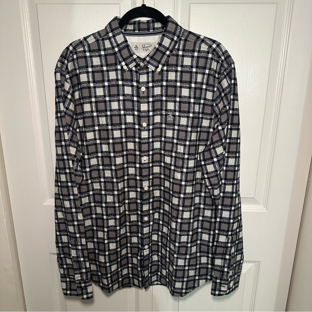 Original Penguin Plaid Flannel Shirt Men’s Sz XL Black White Button Down Cotton
